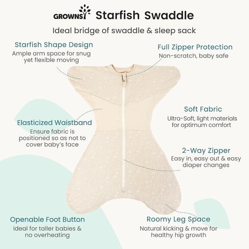 GROWNSY Swaddle Sleep Sack 3-6 Months, Starfish Design Baby Swaddle Sack, Dual-Zipper for Easy Diaper Changes, Proper Hip Development & Openable Foot Button, 12-20lbs, Deer in Saudi Arabia
