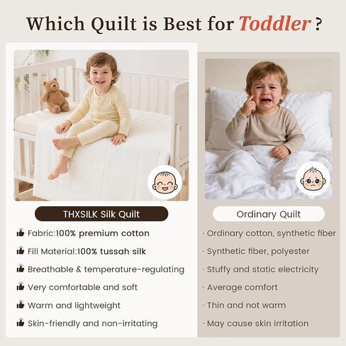 THXSILK Silk Toddler Blanket for Kids, 41"×48" Filling 100% Pure 7A+ Long Strand Tussah Silk Baby Crib Quilt/Duvet/Throw Natural Organic Cotton Shell Breathable Washable for All Season, White in Kuwait