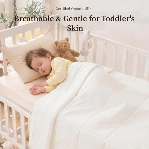 THXSILK Silk Toddler Blanket for Kids, 41"×48" Filling 100% Pure 7A+ Long Strand Tussah Silk Baby Crib Quilt/Duvet/Throw Natural Organic Cotton Shell Breathable Washable for All Season, White in Kuwait