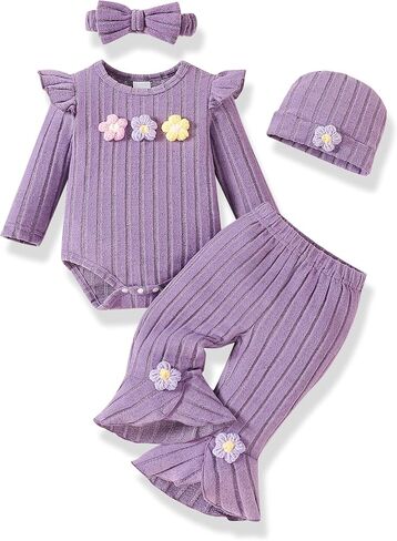 Newborn Girl 4-Piece Set Ruffle Floral Romper Bell Pants Outfit | Baby Girl Clothes Newborn Infant Fall Outfit, Winter Pant Set Hat Headband 4 Pcs Clothes for Girl,Girls Clothing Set in Kuwait