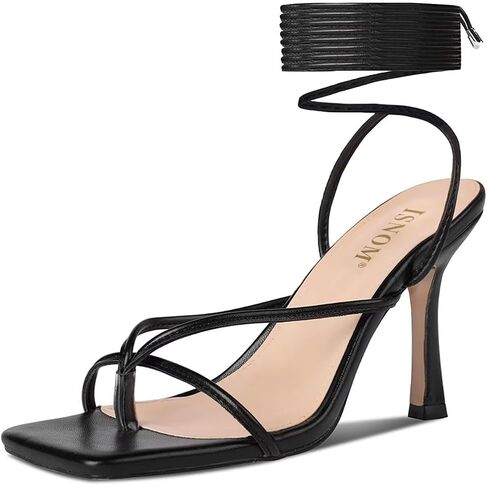 ISNOM Lace Up Heels Sandals for Women - Square Open Toe, Stiletto High Heel | Tie up Thong Heels, Wrap Around Strappy Heels, Non-Slip Sole, 3.94" Stable Heel, Comfy and Stylish for Date Party Daily Wear in Saudi Arabia