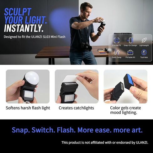 3-in-1 Flash Lighting Modifier Kit Compatible with Ulanzi SL03 Flash, Includes Half-Moon Diffuser, Bounce Reflector & 5 Color Gels, Portable Snap-On Flash Accessories for Portrait. in Kuwait