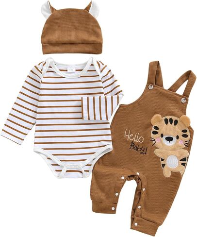 fhutpw Baby Boy Long Sleeve Bodysuit Overalls Outfit Infant Clothes Set | Fall Outfit, Winter Set, 3PCS Baby Suits, Newborn Romper, Waffle Overalls, 0-3 Months, 3-6 Months, 6-12 Months, 12-18 Months in Kuwait