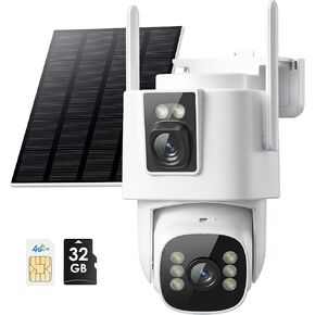 4G LTE Cellular Security Camera: Dual Lens Solar Outdoor Camera No WiFi 24/7 Recording with 32GB SD Card PTZ Night Vision Human Detection for Farm Cabin Construction Site Remote Property in Kuwait