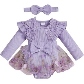 FOMOYUU Infant Newborn Baby Girl Romper Lace Dress Floral Fall Winter Outfits Long Sleeve Clothes with Bow Headband in Saudi Arabia