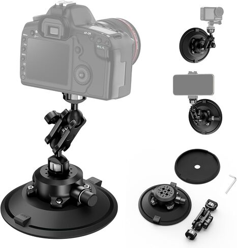 6" Camera Suction Cup Mount with Ball Head Magic Arm,Quick Release Metal Vacuum Suction Cup Mount Car Windshield Dash Mount for Action Camera/Phone Holders with 1/4",1/8" Holes(Black) in Saudi Arabia