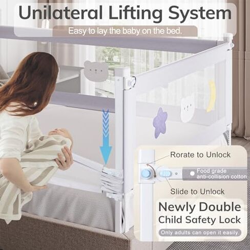 omzer 3-Piece King Size Bed Rail for Toddlers - Toddler Bed Rails with Double Child Lock, Bed Rail for Baby Kids with Pattern, Height Adjustment Guardrail for King Size Bed, 78.7x78.7x74.8" in Saudi Arabia