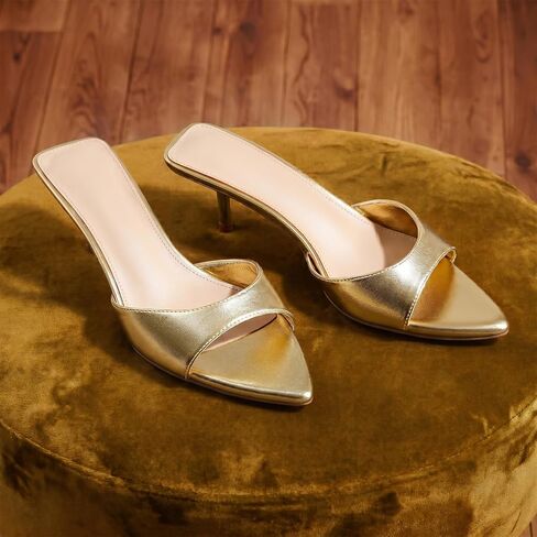 Mattiventon Gold Kitten Heels Mule Heeled Sandals for Women | Pointed Open Toe Slip on Mules Sandals Slingback Heels Summer Office Party Wedding Prom Dress Shoes Size 7.5 in Saudi Arabia