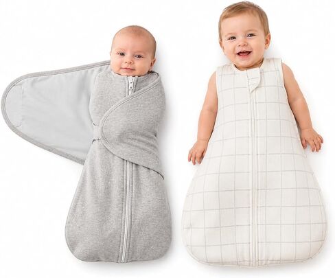 Baby Swaddle Sleep Sack Set (2-Pack), Adjustable Zipper Newborn Swaddle + Wearable Sleep Sack, 100% Cotton, Soft Breathable Newborn to 9 Months Baby Transition Sleep Set in Kuwait