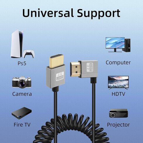 كابل HDTV ملفوف GELRHONR 4K، 4K@60 هرتز - سلك تمديد HDTV رفيع من ذكر إلى ذكر، كابل مرن زنبركي لشاشات الكاميرا والتلفزيون وجهاز العرض (الزاوية اليسرى) in Kuwait