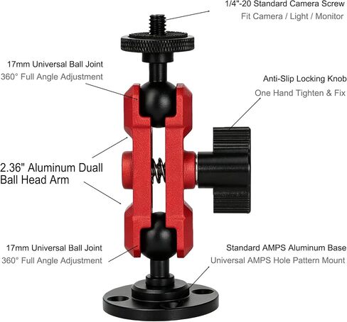 Wall Camera Mount Bracket, 1/4"-20 Heavy Duty Aluminum Arm with Dual Ball Heads, 360° Adjustable Holder for Camcorders/CCTV/DSLR Action Camera, Indoor Outdoor Wall Desktop Car Ceiling Installation in Saudi Arabia