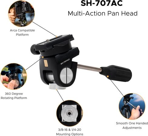 SLIK SH-707AC Arca Compatible Multi-Action Pan Head (618-007) Single Handle 3-Axis Control, Independent Low Profile Pan lever, weighs 1lb, supports 15lbs, Excellent for Photography and Spotting Scopes in Saudi Arabia