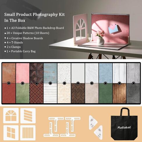 Product & Food Photography Backdrop Kit, 10 Sheets, 20 Patterns | 4 Shadow Boards, Double-Sided Waterproof Matte Paper, T-Stands, Clamps and Carry Bag for Jewelry, Cosmetics and Ugc Shoots in Saudi Arabia
