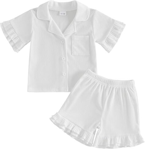 FULA-bao Toddler Baby Girls Ribbed Pajamas Set Ruffled Short Sleeve Button Up Shirt Tops Elastic Waist Shorts Girls Sleep Set in Saudi Arabia