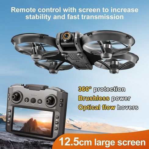 RC Drone with 4.92in Screen Integrated on Transmitter, 1080P Dual Lens Camera, Brushless Motors, Optical Flow Positioning Hover, Full 360° Propeller Protective Guard, 6-Axis Gyro Stabilization, Headless Flight Mode, One-Key Takeoff & Landing, 3-Gear Speed in Saudi Arabia