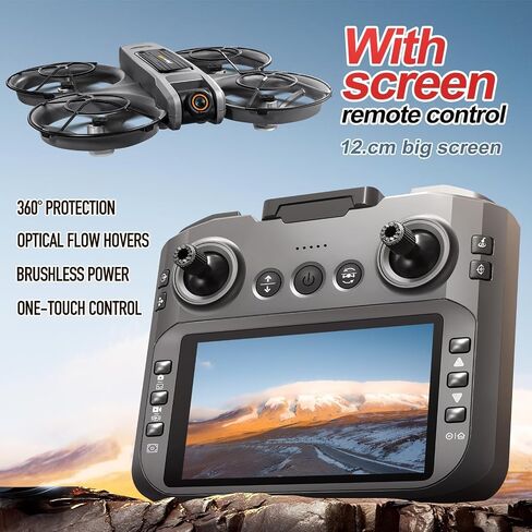 RC Drone with 4.92in Screen Integrated on Transmitter, 1080P Dual Lens Camera, Brushless Motors, Optical Flow Positioning Hover, Full 360° Propeller Protective Guard, 6-Axis Gyro Stabilization, Headless Flight Mode, One-Key Takeoff & Landing, 3-Gear Speed in Saudi Arabia