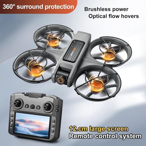 RC Drone with 4.92in Screen Integrated on Transmitter, 1080P Dual Lens Camera, Brushless Motors, Optical Flow Positioning Hover, Full 360° Propeller Protective Guard, 6-Axis Gyro Stabilization, Headless Flight Mode, One-Key Takeoff & Landing, 3-Gear Speed in Saudi Arabia