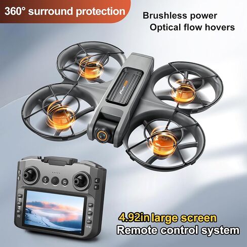 RC Drone with 4.92in Screen Integrated on Transmitter, 1080P Dual Lens Camera, Brushless Motors, Optical Flow Positioning Hover, Full 360° Propeller Protective Guard, 6-Axis Gyro Stabilization, Headless Flight Mode, One-Key Takeoff & Landing, 3-Gear Speed in Saudi Arabia