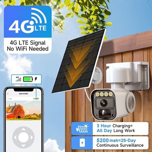 Wireless Outdoor Security Camera with Solar Panel Base,Solar-Powered Camera,Wireless 4G LTE Cellular Network,Mobile app Control,Automatic Human Detection,SD/Cloud Storage,Color Night Vision in Kuwait