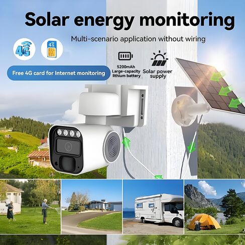 Wireless Outdoor Security Camera with Solar Panel Base,Solar-Powered Camera,Wireless 4G LTE Cellular Network,Mobile app Control,Automatic Human Detection,SD/Cloud Storage,Color Night Vision in Kuwait