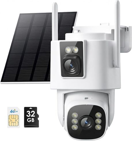 4G LTE Cellular Security Camera: Dual Lens Solar Outdoor Camera No WiFi 24/7 Recording with 32GB SD Card PTZ Night Vision Human Detection for Farm Cabin Construction Site Remote Property in Kuwait