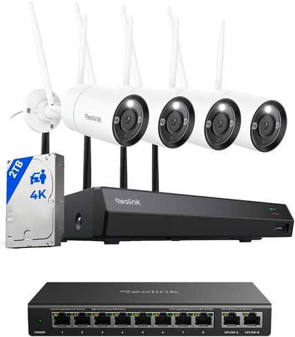 نظام كاميرا أمان REOLINK 4K WiFi مع 4 كاميرات وحزمة مفاتيح PoE، RLK12-800WB4 + RLA-PS1، رؤية ليلية ملونة بدقة 8 ميجابكسل، كشف ذكي، تسجيل 24/7، طاقة PoE 120 وات، تخزين محلي in Kuwait