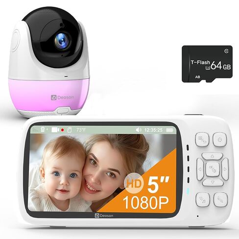 DEASON No WiFi Baby Monitor with Camera, 1080P Video, 5" Display, Secure Long Range 1200ft, 2-Way Talk, Night Vision, Temp & Sound Alert, White Noise, 64G Card in Saudi Arabia