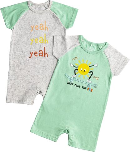 TRND O&X Baby Boy 2-Pack Cotton Rompers, Raglan Short Sleeve Summer Outfits with Cute Sun & Letter Prints in Kuwait
