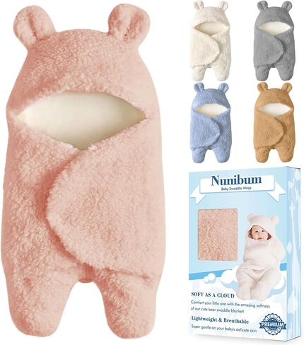 Nunibum Baby Swaddle Blanket Boys Girls Cute Bear Plush Essential Receiving Blanket Ultra-Soft Newborn Registry Sleeping Wraps for Infant 0-6 Months - Pink in Kuwait