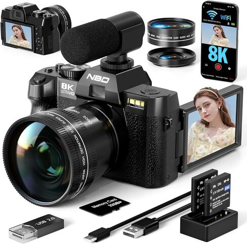 True 8K Digital Cameras for Photography, 64MP, WiFi, Wide-Angle & Macro Lens, 16X Autofocus Zoom, 3" 180° Flip Screen, 32GB Card, Vlogging Camera for YouTube Travel(Black) in Saudi Arabia