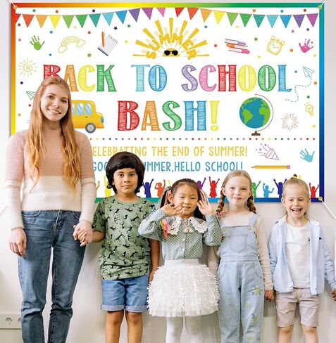 Back to School Bash Backdrop Banner End of Summer Back to School Decoration First Day of School Backdrop Preschool Kindergarten Classroom Party Background Decoration Photo Booth Props White in Kuwait