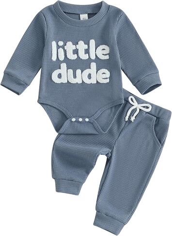 FOMOYUU Newborn Baby Boy Clothes Waffle Letter Embroider Long Sleeve Romper Pullover Tops and Pants Sets Fall Winter Outfits in Saudi Arabia