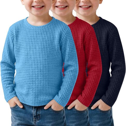 3 Pack Baby Boys School Uniform Shirts | 12M-5T, Long Sleeve, Crew Neck, Toddlers, Waffle Knit, Basic Tee, Loose, Layering, Soft, Comfortable, Lightweight, Fall, Warm in Saudi Arabia