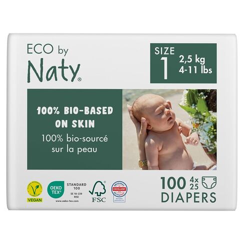 Eco by Naty Baby Diapers - Plant-Based Eco-Friendly Diapers, Great for Baby Sensitive Skin and Helps Prevent Leaking (Size 1, 100 Count) in Saudi Arabia