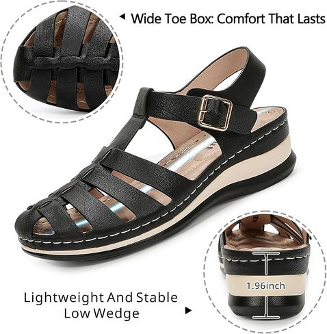 Closed Toe Sandals Women, Comfortable Fisherman Sandal for Womens Wide Width Summer Dressy Wedge with Adjustable Strap Black Size 8 in Saudi Arabia
