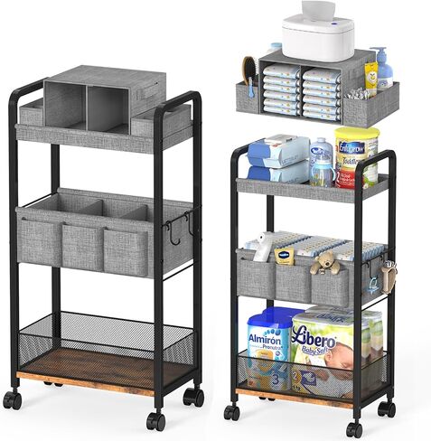 2In1 Baby Diaper Caddy & 3-Tier Rolling Diaper Cart, Caddy Organizer Cart with Dividers, Mobile Metal Bedside Carts for Baby Essentials, Rolling Carts for Newborn Nursery with Wheels, Large Capacity in Kuwait