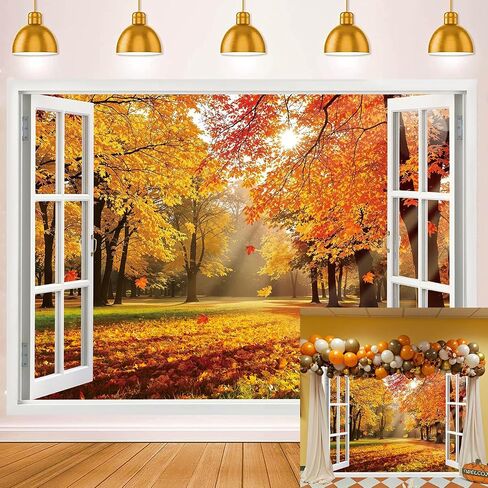 Fall Window Backdrop Autumn Maple Leaf Forest Natural Scenery Photography Background Fall Autumn Harvest Thankgiving Family Birthday Party Supplies Studio Booth Props 10x8FT in Saudi Arabia