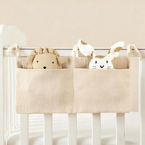 Muslin Cotton Baby Bedside Hanging Storage Bag, 2-Pocket Crib Diaper Caddy Organizer, Nursery Organization Holder for Cribs, Playard, Changing Table or Wall, Milk Bottle Bib Organizing Oatmeal in Saudi Arabia