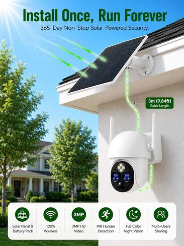 2 Pack Solar Security Camera, 3MP Dual Lens, 2.4GHz WiFi, 360° PTZ | Battery Powered, 10X Zoom, PIR Human Detection, Color Night Vision, 2-Way Audio, SD Card & Cloud Storage, IP65 Waterproof in Saudi Arabia