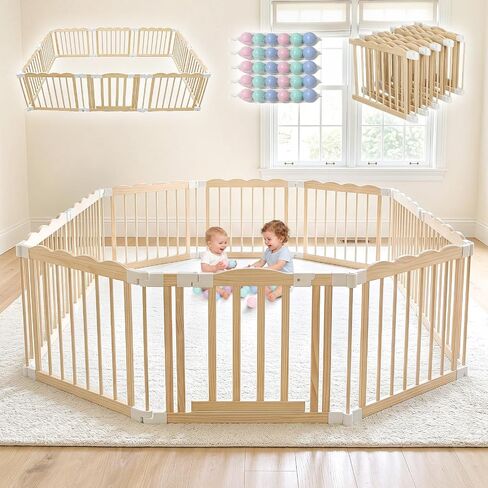 Foldable Wooden Playpen for Babies, Extra Large Play Pen, 90 x 60 x 24 in | Pre-Assembled Wooden Baby Playpen, Ready to Use, No Assembly Required, Adjustable Shape, Baby Play Yard with Locking Gate in Kuwait
