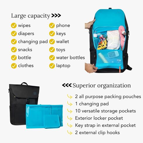 Huhu Diaper Bag Backpack + Essential Stroller Hooks Bundle – Convenient, Unisex Travel & Everyday Kit for New Parents – Includes Free Accessories (Midnight Black) in Kuwait
