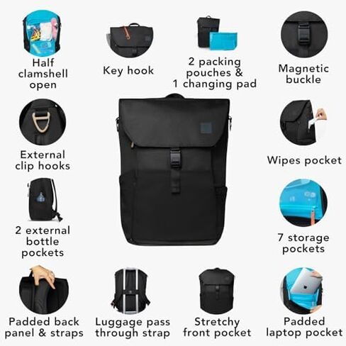 Huhu Diaper Bag Backpack + Essential Stroller Hooks Bundle – Convenient, Unisex Travel & Everyday Kit for New Parents – Includes Free Accessories (Midnight Black) in Kuwait