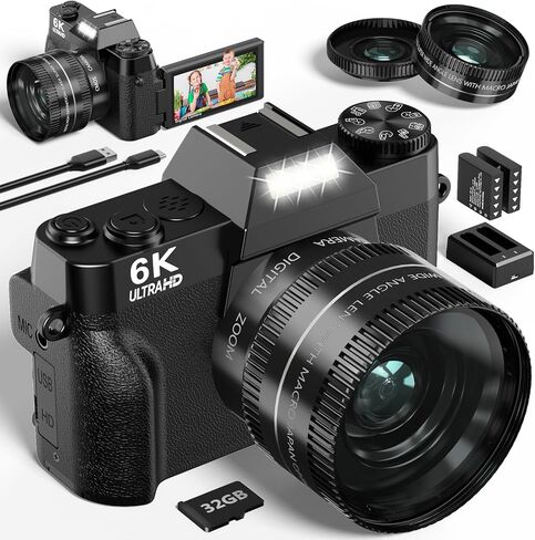 6K Digital Camera for Photography - WiFi 64MP Vlogging Cameras for YouTube with 3" 180° Flip Screen, 16X Digital Zoom Autofocus Vlog Travel Camara with 32GB SD Card, 2 Batteries and Double Charger in Kuwait