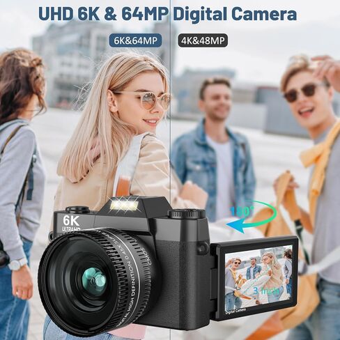 6K Digital Camera for Photography - WiFi 64MP Vlogging Cameras for YouTube with 3" 180° Flip Screen, 16X Digital Zoom Autofocus Vlog Travel Camara with 32GB SD Card, 2 Batteries and Double Charger in Kuwait