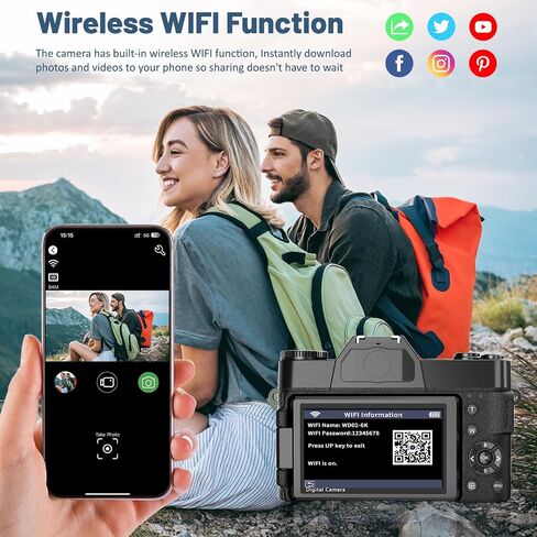 6K Digital Camera for Photography - WiFi 64MP Vlogging Cameras for YouTube with 3" 180° Flip Screen, 16X Digital Zoom Autofocus Vlog Travel Camara with 32GB SD Card, 2 Batteries and Double Charger in Kuwait