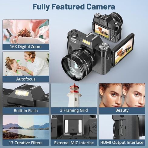 6K Digital Camera for Photography - WiFi 64MP Vlogging Cameras for YouTube with 3" 180° Flip Screen, 16X Digital Zoom Autofocus Vlog Travel Camara with 32GB SD Card, 2 Batteries and Double Charger in Kuwait