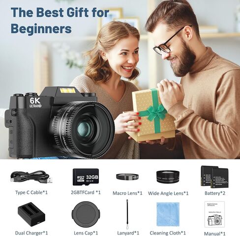 6K Digital Camera for Photography - WiFi 64MP Vlogging Cameras for YouTube with 3" 180° Flip Screen, 16X Digital Zoom Autofocus Vlog Travel Camara with 32GB SD Card, 2 Batteries and Double Charger in Kuwait