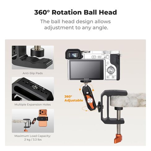 K&F CONCEPT Camera C-Clamp Mount with Double Ball Head Magic Arm | 360° Adjustable Clamp Desktop Mount, for Action Camera, Monitor, LED Light and Microphone in Kuwait
