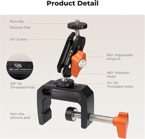 K&F CONCEPT Camera C-Clamp Mount with Double Ball Head Magic Arm | 360° Adjustable Clamp Desktop Mount, for Action Camera, Monitor, LED Light and Microphone in Kuwait