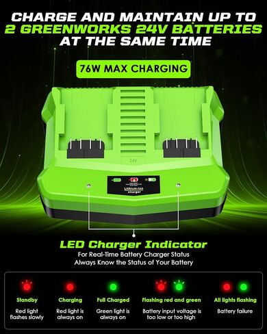 Dual Port Battery Charger for Greenworks 24V Battery BAG708 BAG711 | Compatible with Greenworks 24V Battery Charger, Rapid Smart Charger, LED Indicator, 50% Faster Smart Charger in Kuwait